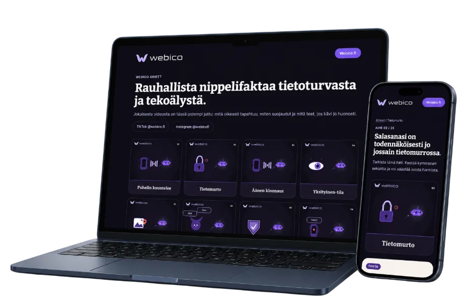 Webico Aiheet -sivusto läppärillä ja puhelimella